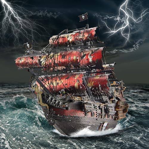 Image of Piececool 3D Metal Puzzles for Adults, Red Queen Anne's Revenge Pirate Ship Model Kits, 3D Watercraft Model Building Kit, DIY Craft Kits Difficult 3D Puzzles for Family Time