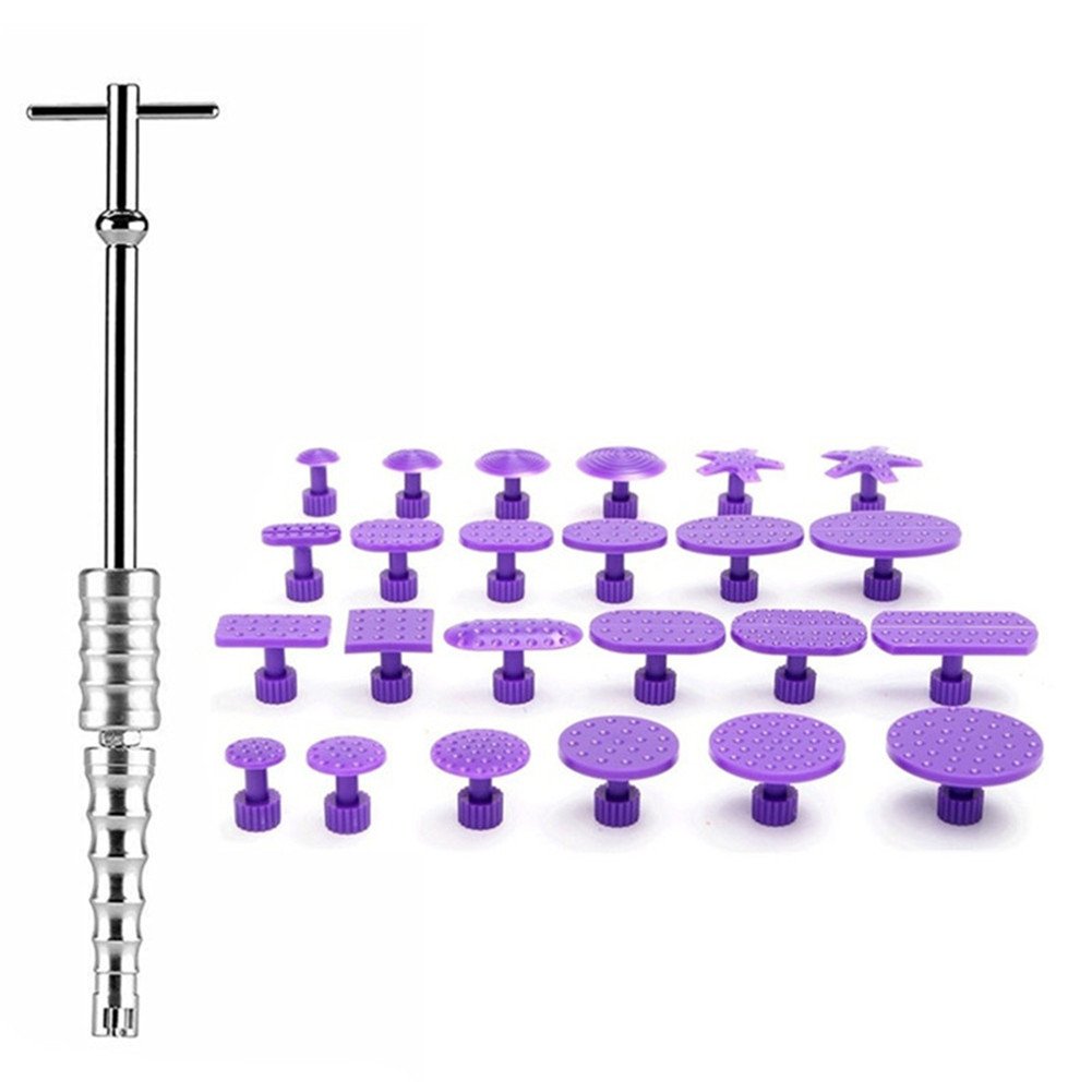 GS Car Body Paintless Dent Repair Kit T Bar Silde Hammer 24pcs Purple Glue Pulling Tabs Hail Damage Dent Removal Tools Hand Tools Kit