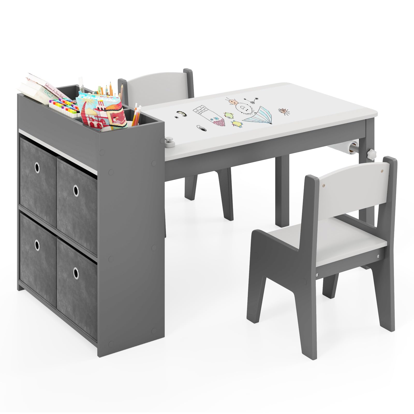 COSTWAY Bureau Enfant en Bois avec 2 Chaises & Rouleau de Papier, Table Enfant avec 4 Bacs en Tissu & 4 Compartiments & Étagères Ouvertes, Table à Dessin pour 3 Ans+, Charge 50/60kg (Gris)