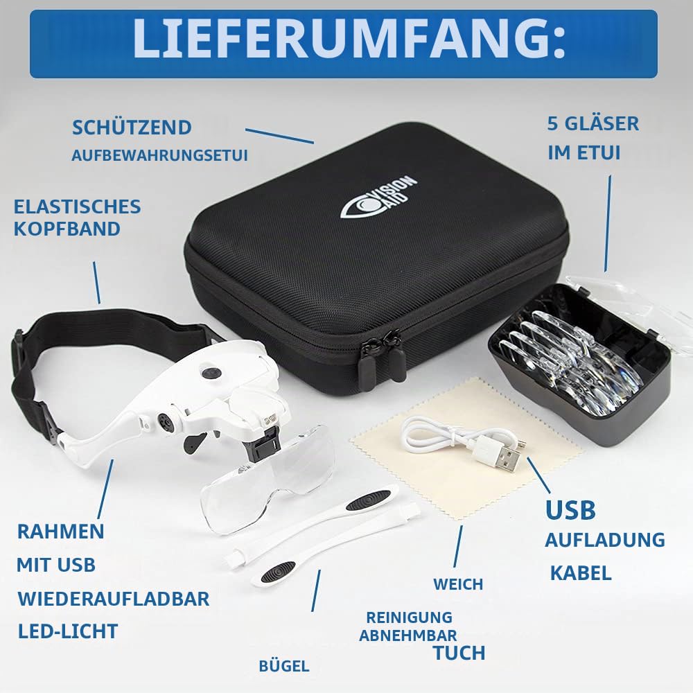 Vision Aid Lupen mit LED-Licht 5 Linsen Stirnband Schutzaufbewahrungsbox Brillenlupe Freihändige beleuchtete Kopflupe für Hobbyhandwerk Makuladegeneration Malerei Brillenträger Naharbeit