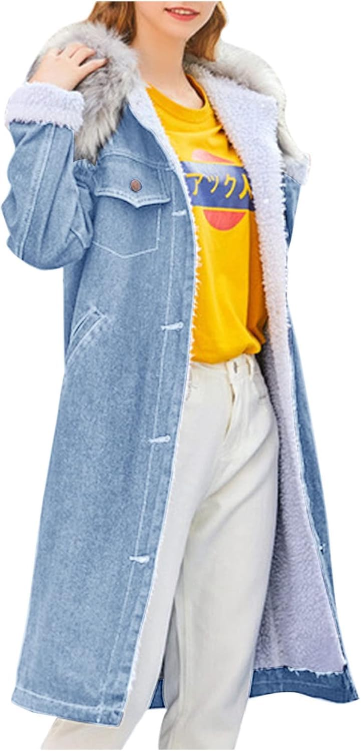 Chaqueta Vaquera Larga de Invierno con Forro Polar Chaqueta Vaquera con Botones Acolchados Chaqueta Vaquera cálida con Forro Polar Chaqueta Vaquera Tipo Gabardina