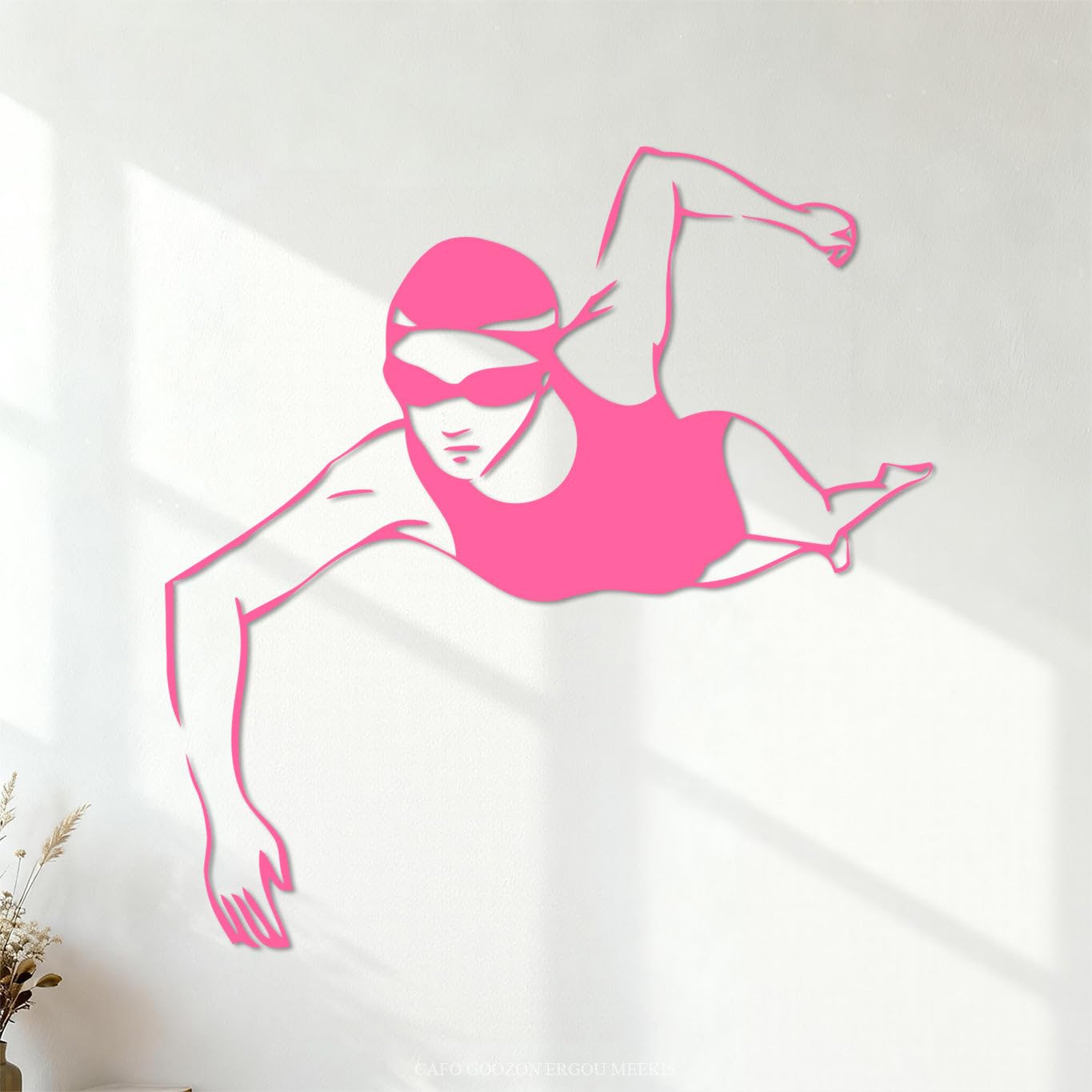 Fine Carving Stickers Swimmer Woman Sports Swimming 35x36.5cm Store Decoration Pink