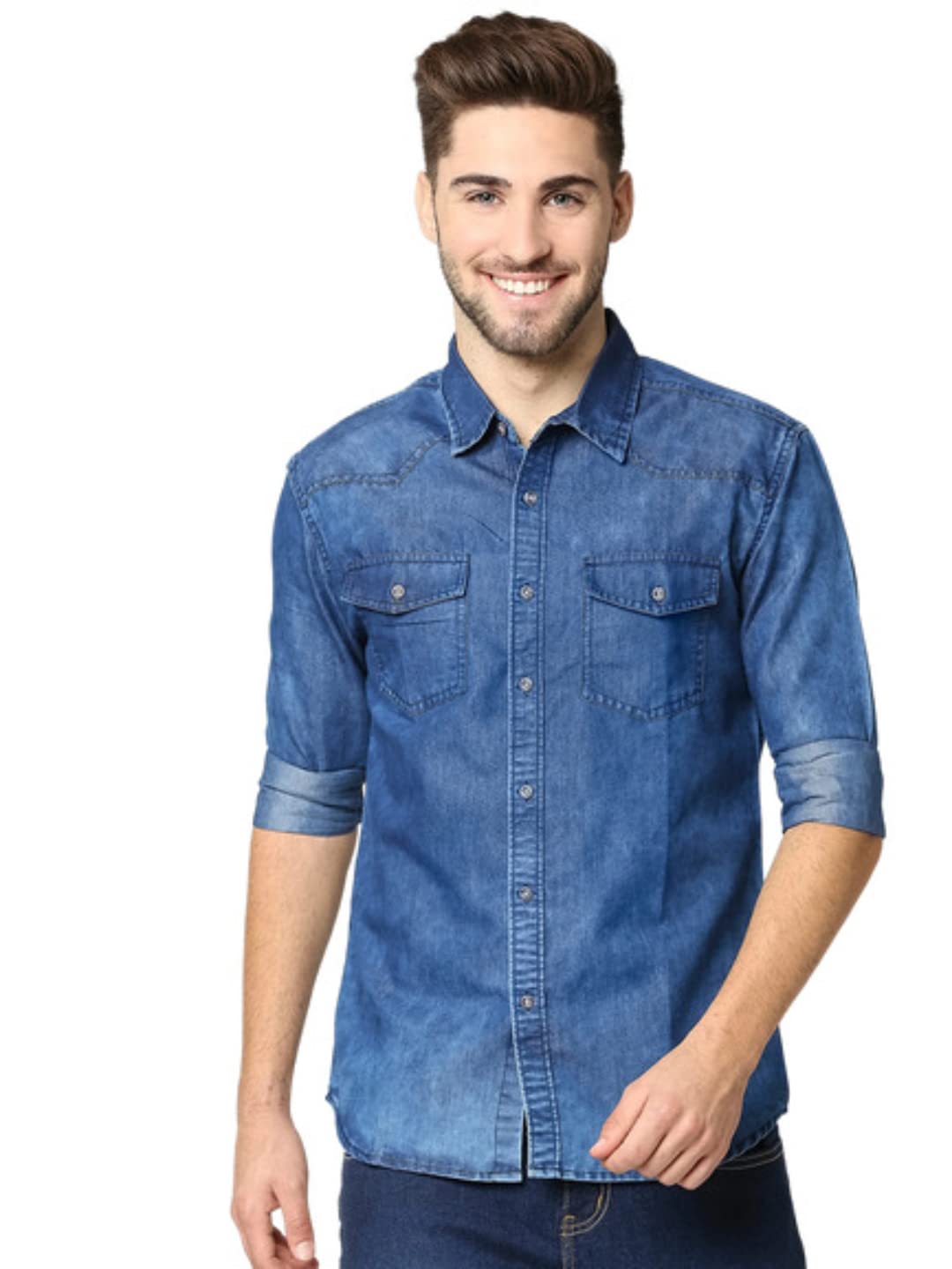 High Star Men Blue Slim Fit Solid Casual Denim Shirt
