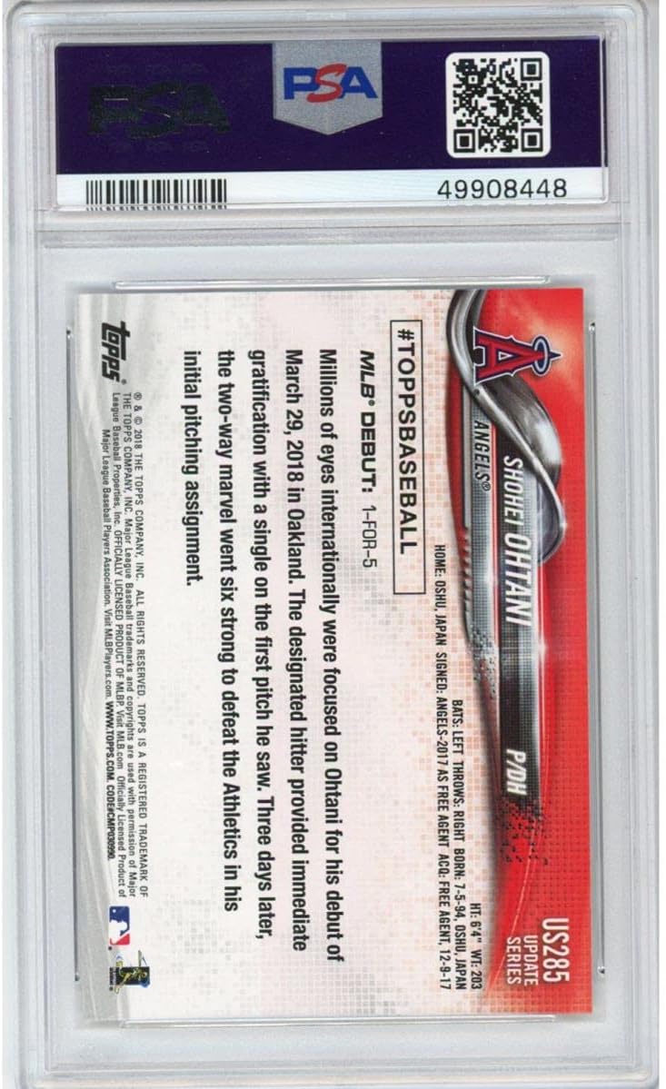 Graded 2018 Topps Update Shohei Ohtani #US285 Rookie RC Baseball Card PSA 10 Gem Mint : Collectibles & Fine Art