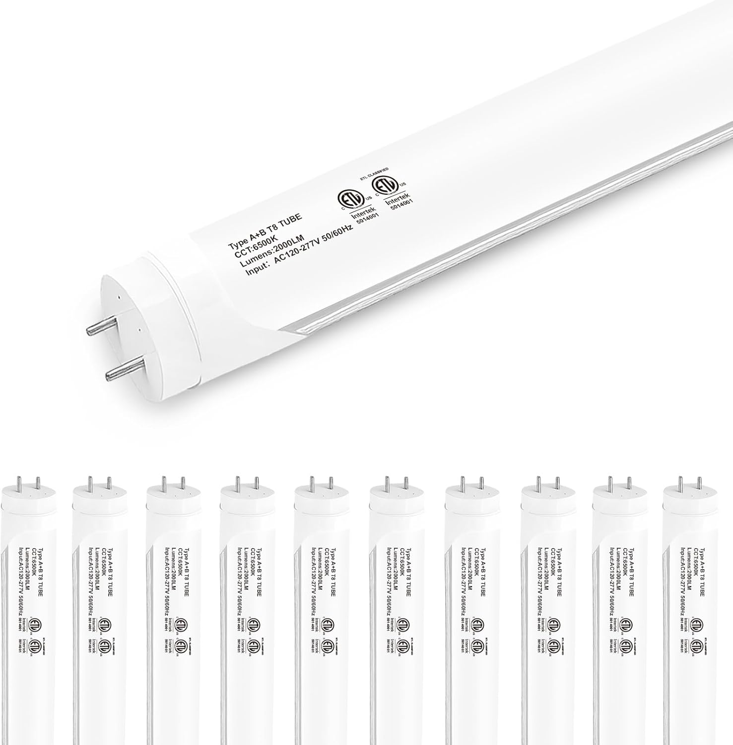 10-Pack T8 LED Tube Lights 4ft, 48 Inch Fluorescent Replacement Bulbs, 5000K Pure Daylight, Hybrid Type A+B Single/Double Ended, Frosted Lens, ETL Certified