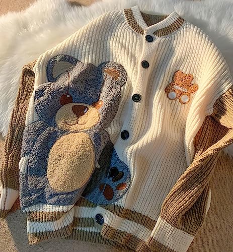 ebossy Womens Cute Bear Embroidery Knit Cardigans Casual Loose Button Down Drape Long Sleeve Varsity Sweater Jacket3