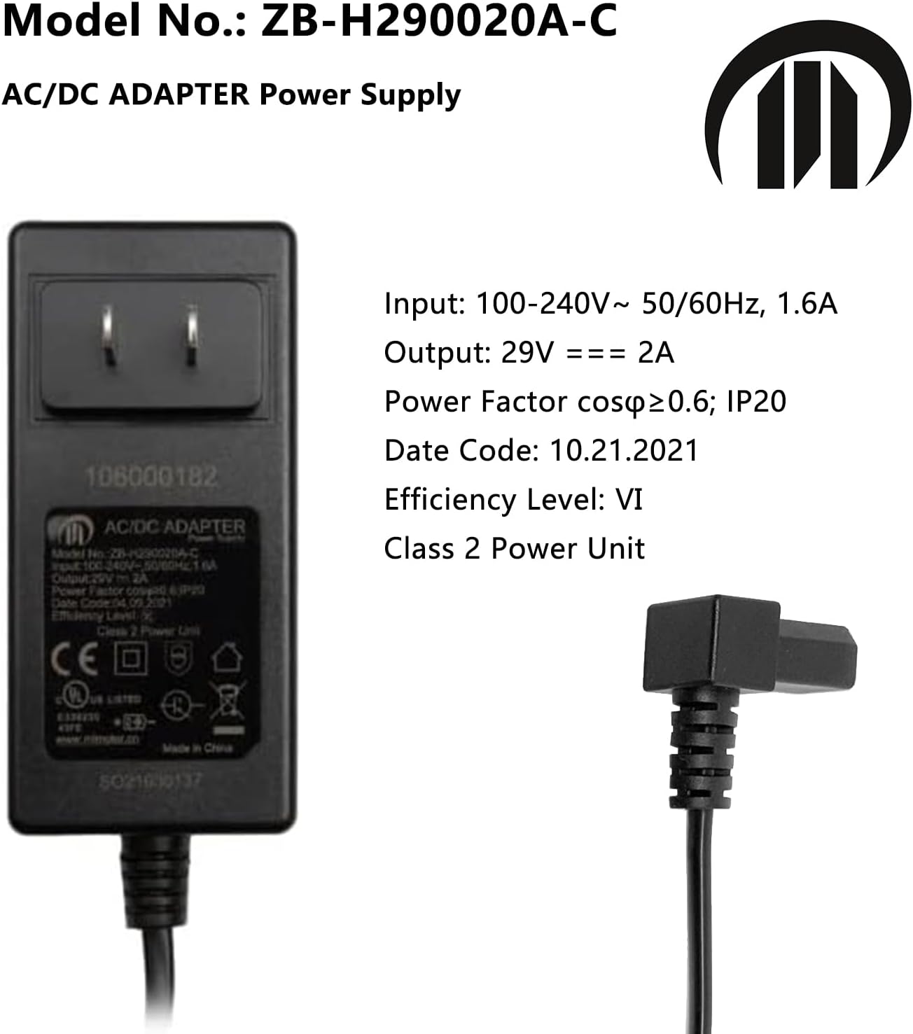 Mulin Electric 29V 2A Transformer Recliner & Lift Chair Power Adapter, Black, 1 Pack, Recliner Power Supply, AC Power Cable, Model No: ZB-H290020A-C