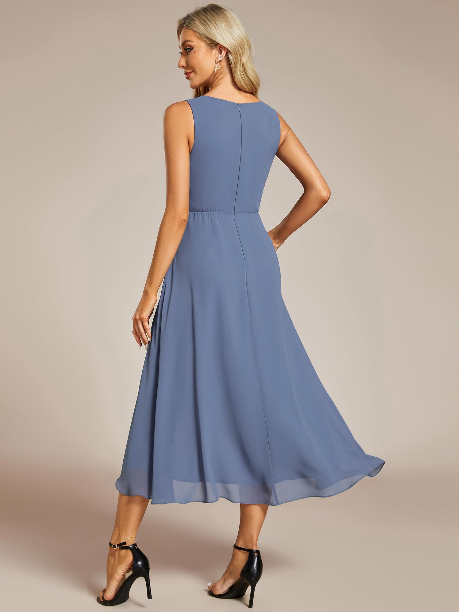 Ever-Pretty Vestido de Invitada de Boda Gasa Cuello en V Elegante Midi Vestidos de Cóctel sin Mangas Midi Falda Irregular EG41926