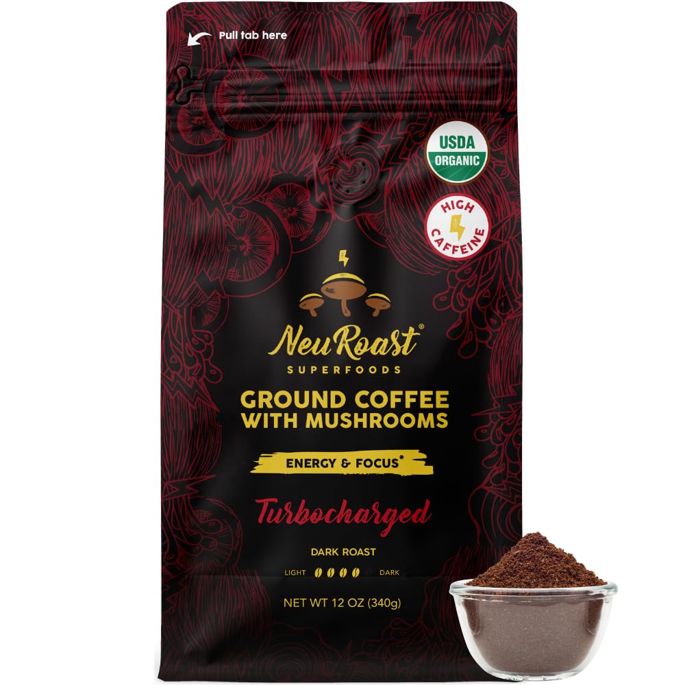 High Caffeine Ground Mushroom Coffee by NeuRoast - Turbocharged | Organic & Low Acid | Premium Coffee with 5 Mushrooms - Nootropic Blend for Optimal Cognitive Support (Energy & Focus)