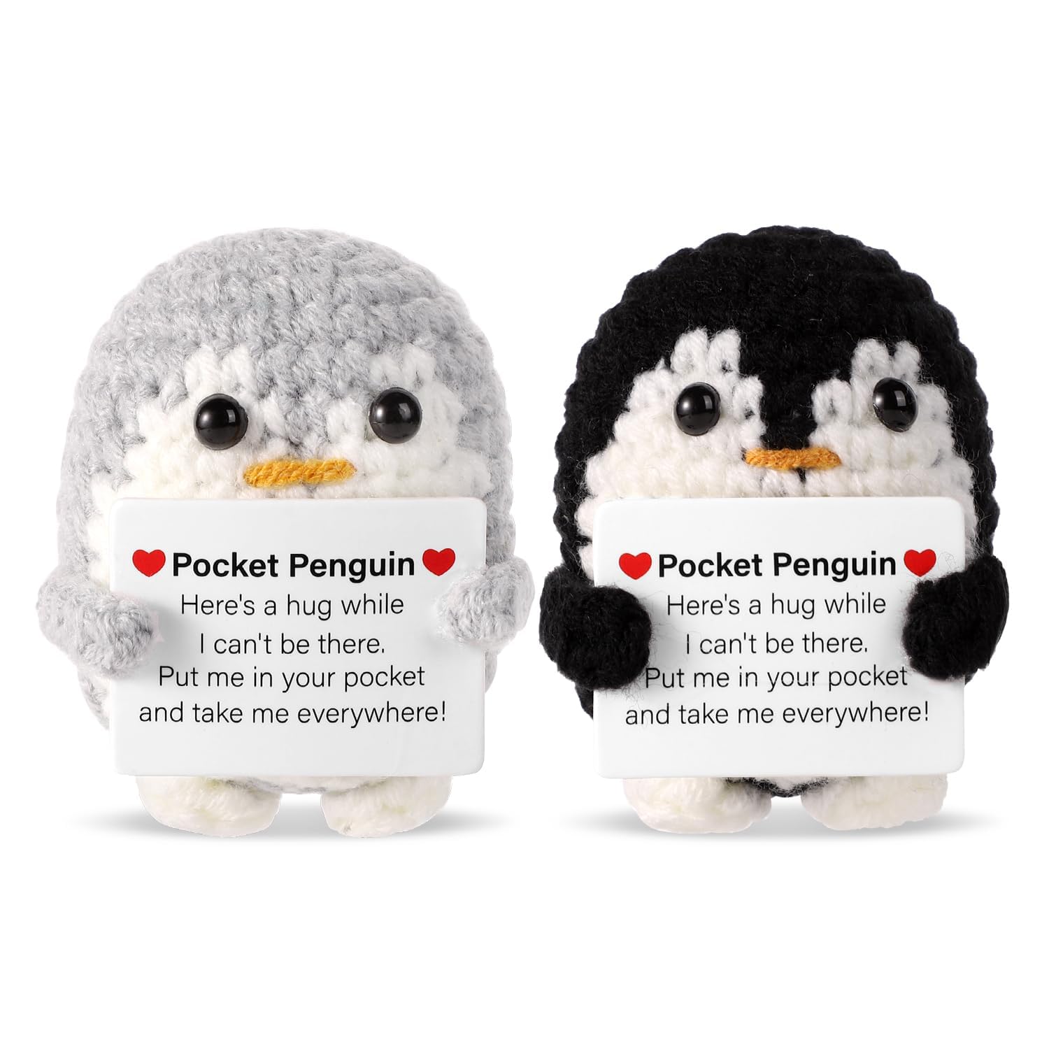 2pcs Pocket Hug, 2.6 Inch Mini Funny Knitted Cute Crochet Animals Doll Ornament Toy Hugsy Emotional Support Plush with Positive Card (Gray, Black)