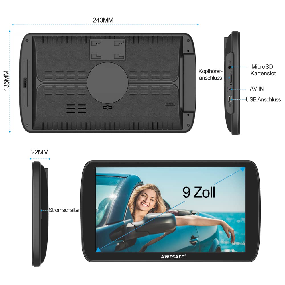 AWESAFE LKW Navi 9 Zoll Navigationsgerät mit Bluetooth und Rückfahrkamera, 2023 GPS Navigation unterstützt lebenslang Kartenupdate