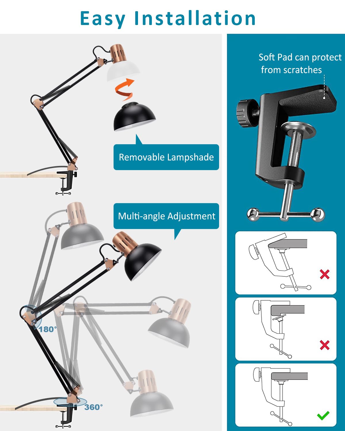 Milpoel Desk Lamp, Metal Swing Arm Table Lamp, E27 Desk Lamp, Clip on Light, Classical Swing Arm Architect Lamp - Image 2