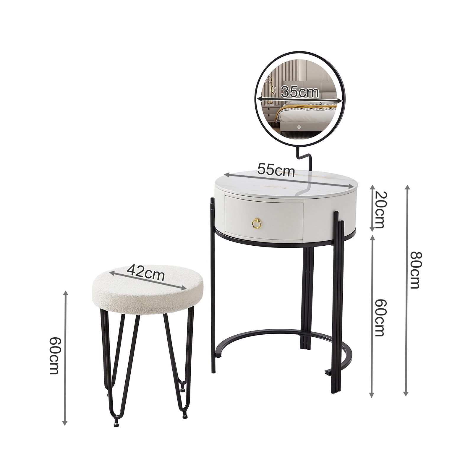 SHARPDO Tavolo da toeletta con illuminazione a LED e specchio, 3 colori, pietra sinterizzata PU, toeletta con cassetti e sgabello, tavolo cosmetico 60 cm, tavolo da trucco per camera da letto, design