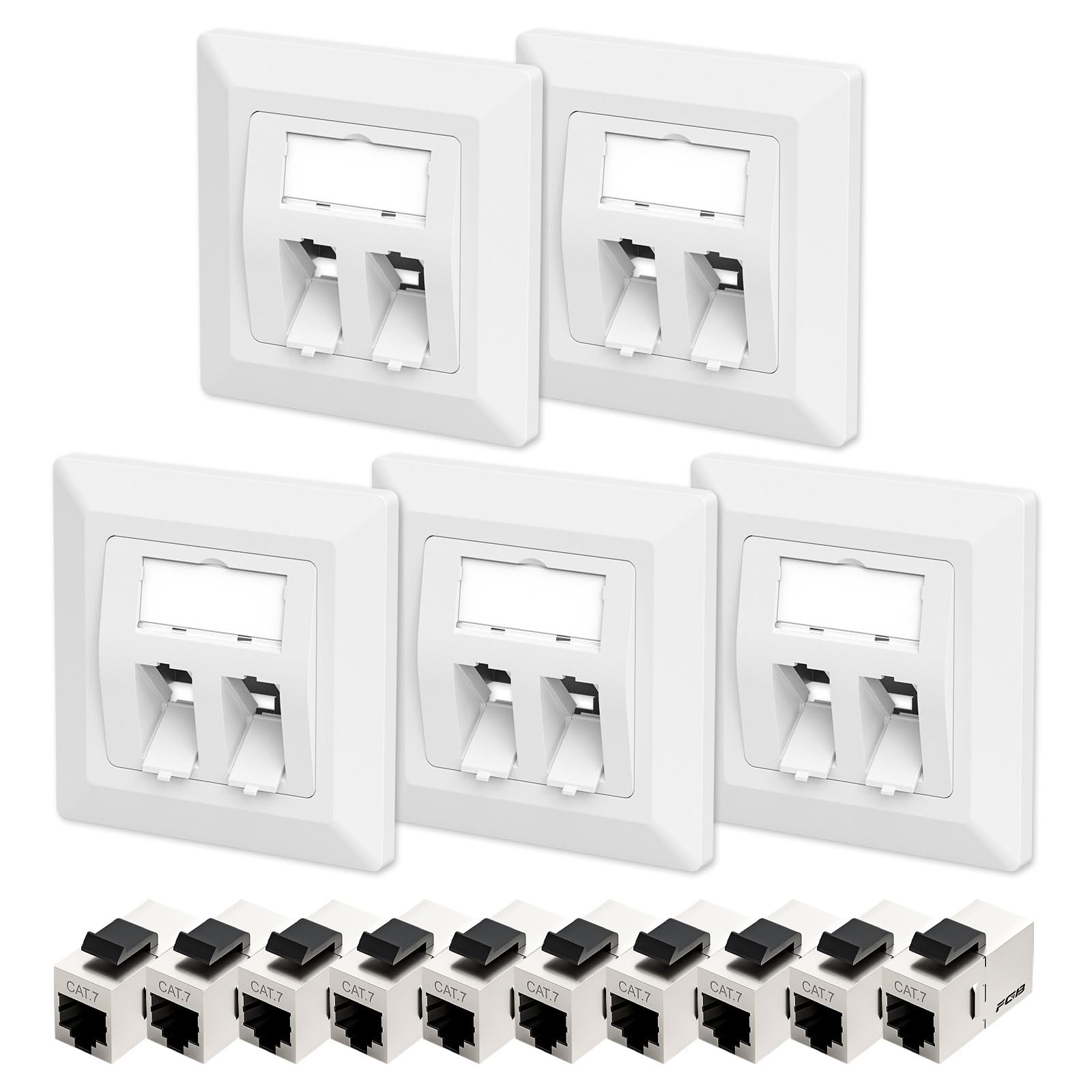 FGB Lot de 5 prises réseau CAT7 Keystone encastrées 2 ports avec module Keystone Blanc