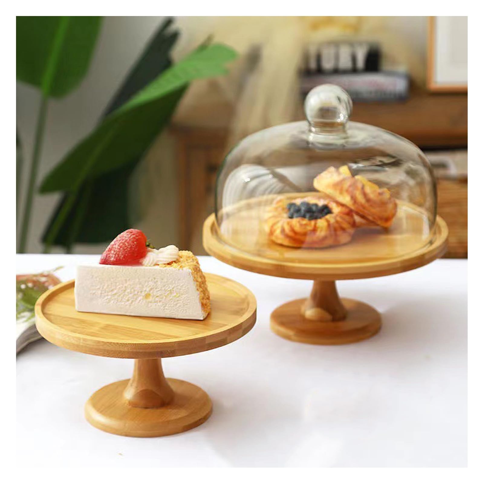 Dxcaicc Cake Plate with Dome, Wooden Cake Stand for Weddings Birthday Parties, Pedestal Cake Platter, Cupcake And Dessert Stands for Table,12Inch