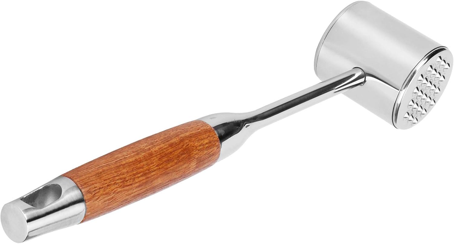 304 Stainless Steel Meat Mallets Hammer, Dual Sided Meat Tenderizer Tool with Ergonomic Wood Handle, Textured for Tenderizing, Smooth for Flattening, Kitchen Accessory with Hook f