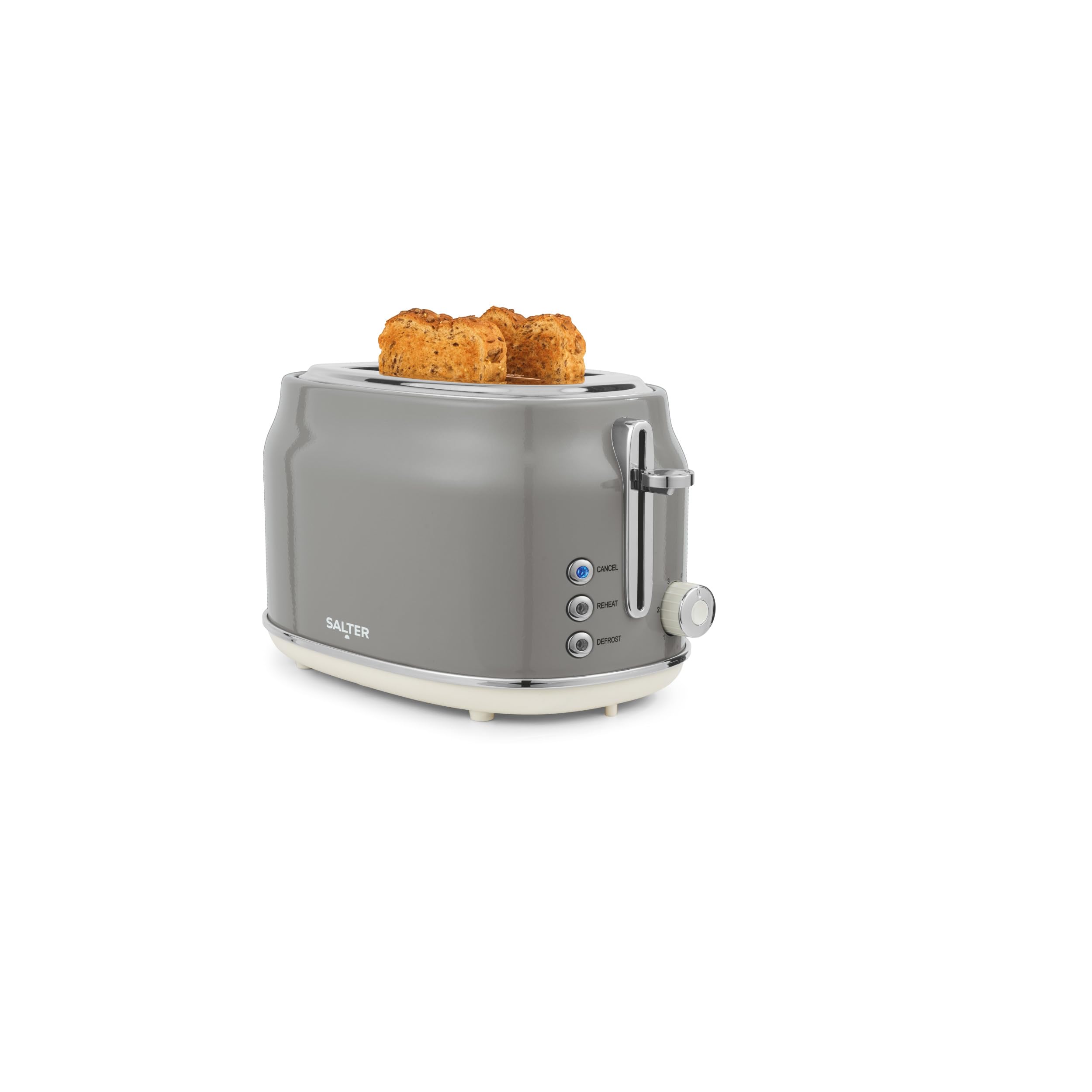 Salter Retro Grey 2-Slice Toaster - Wide Slots, 6 Browning Levels, Defrost, Reheat & Cancel, High-Lift Eject, Removable Crumb Tray, Self-Centring, Anti-Jam Function, For Bagels, Vintage Design, 815W
