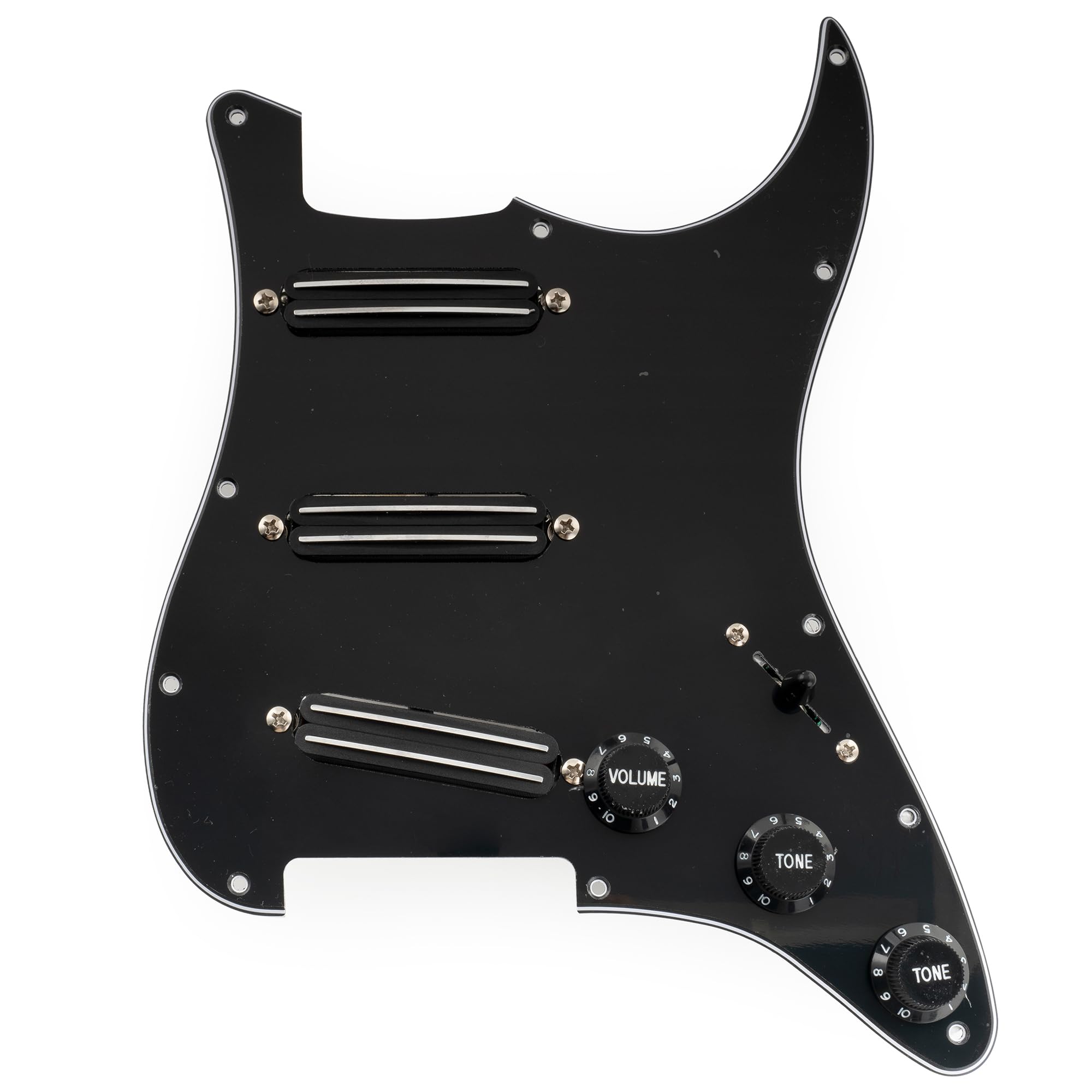 Musiclily Pro-SE ST-DPHC Pre-wired SSS Pickguard with Ceramic Mini Rail Humbucker for Strat Style Electric Guitar, 3Ply Black