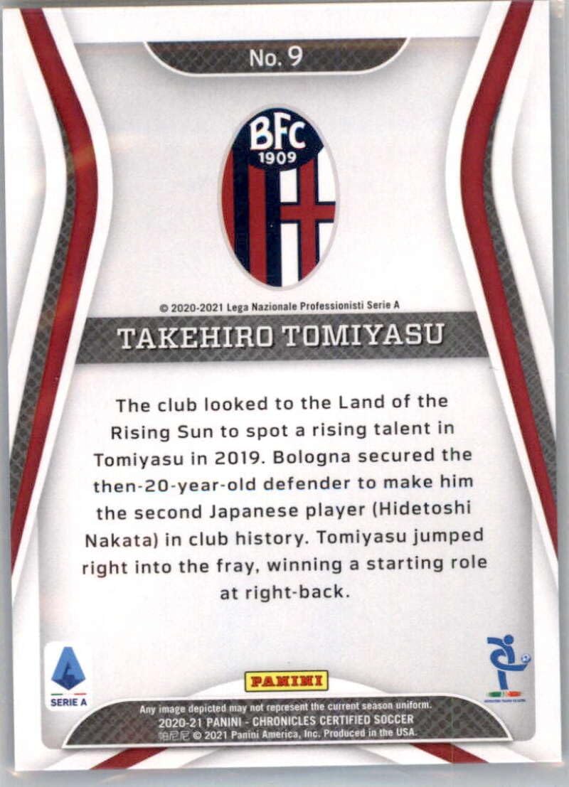 2020-21 Panini Chronicles Certified Serie A Blue Astro #9 Takehiro Tomiyasu SER/16 Bologna FC Official Soccer Card in Raw (NM or Better) Condition