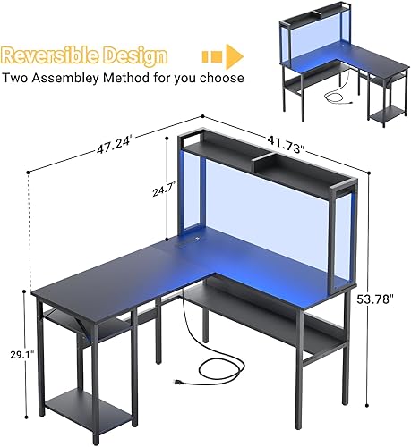Miniatura 9 de Unikito Escritorio para computadora en forma de L con tira LED y tomas de corriente, estantes de almacenamiento y bolsa, mesa de juegos reversible