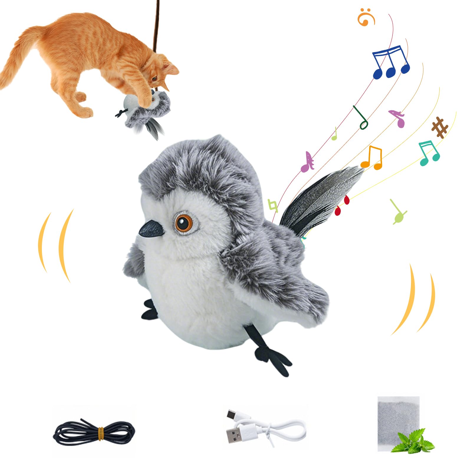 Shunfaji Interactive Cat Toy, Plush Cat Bird Toy, Real Beating and Twittering Like a Bird, Rechargeable, with Catnip (Owl C) โ image 1