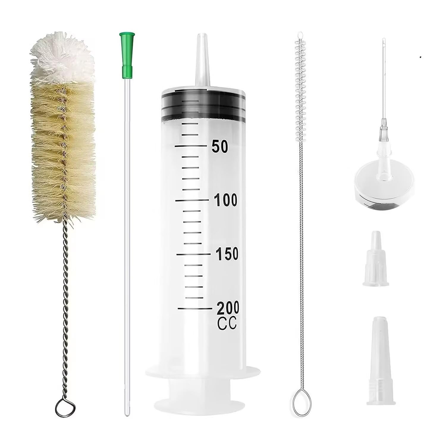 7Pcs 200ml Large Plastic Syringe with Tube Hose Cap Brush for Liquid Jello Shots Crafts, Enema Irrigation Feeding Dispenser for Oral Lip Gloss Epoxy Watering Party Measure Refill Oil Glue Applicator without Needle