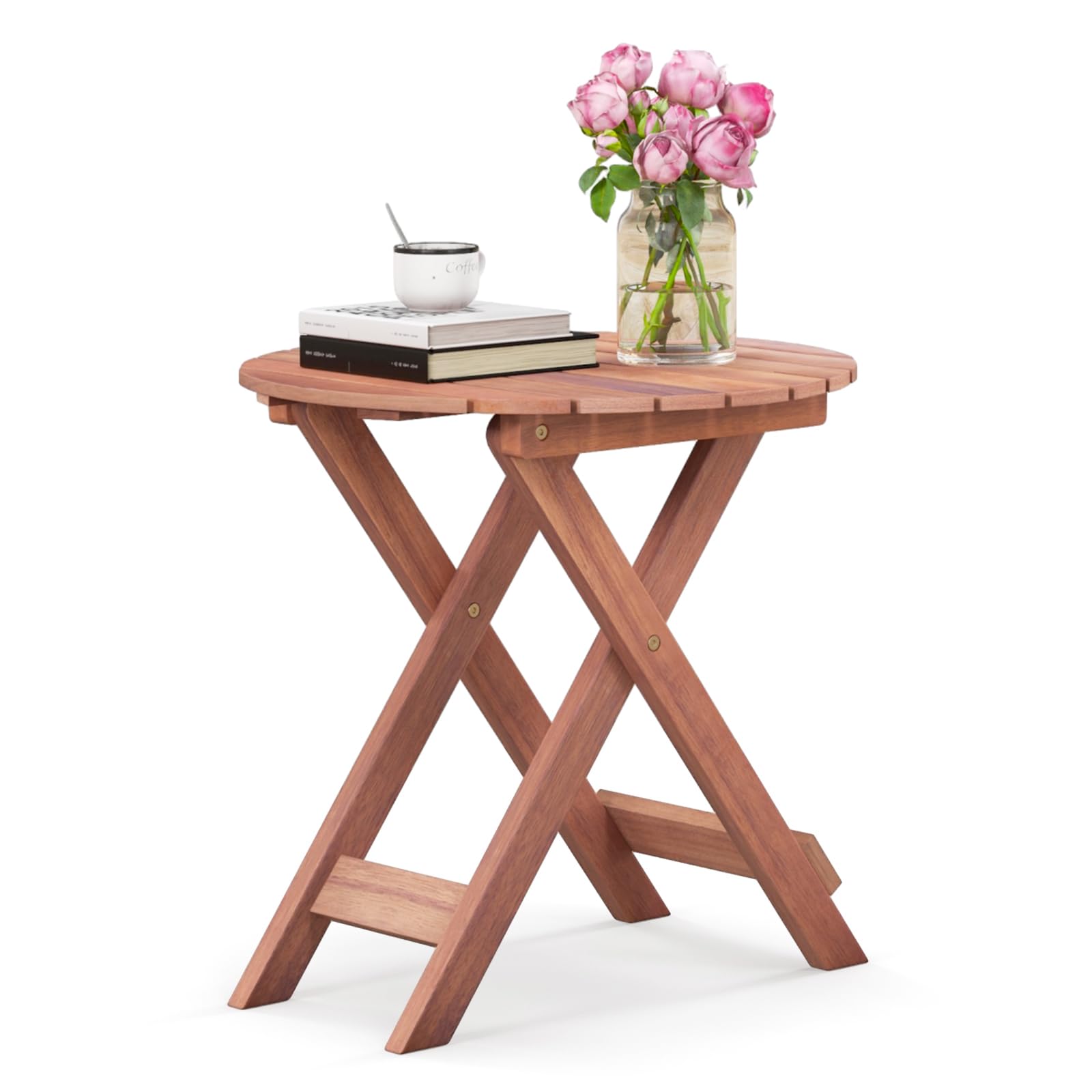 COSTWAY Tavolino Laterale da Giardino in Legno, Tavolino Pieghevole con Piano Traforato e Maniglia Sollevabile, Tavolino da Caffè per Interni ed Esterni con Manico per Casa, Piscina, Patio(Modello 1)