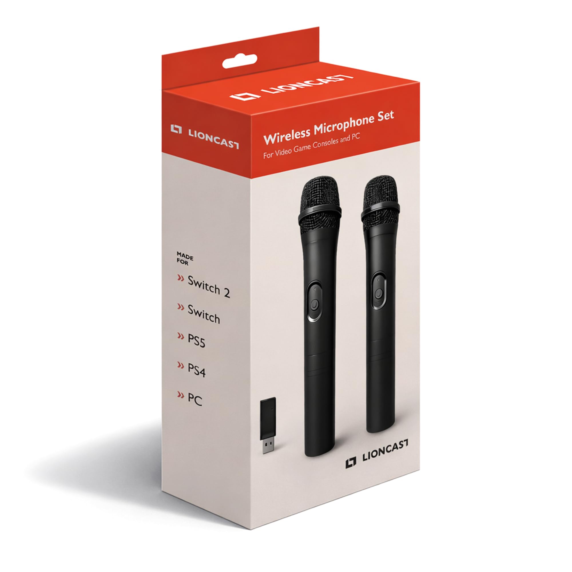 Lioncast® Wireless Mikrofon 2er Set für PS5 / PS4, PC, Nintendo Switch 1 & 2 - Microphone für Singstar, Lets Sing, Voice of Germany & Karaoke - Universal Mikrofon Switch - PlayStation & Switch Zubehör