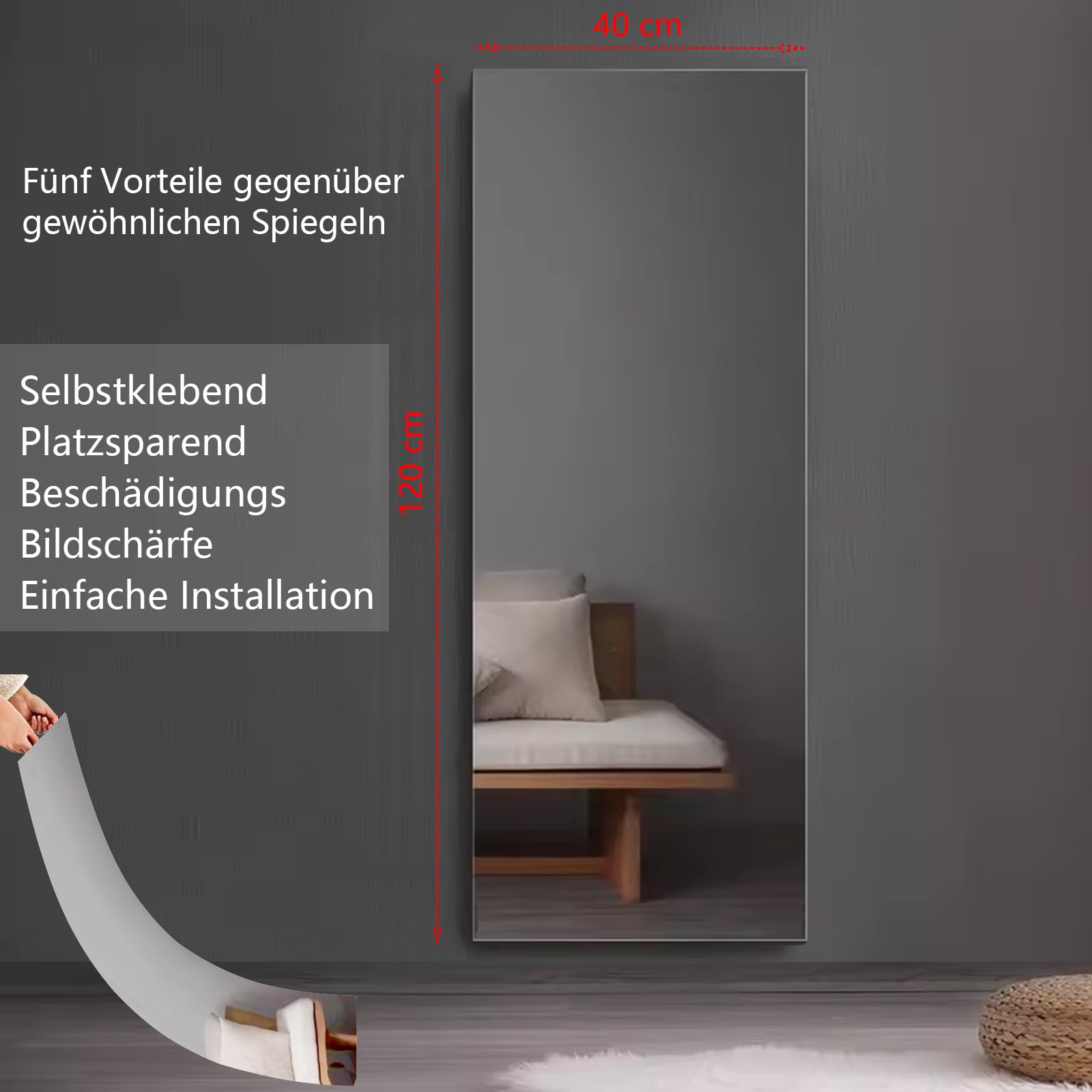 Selbstklebender Acryl Klebespiegel 40 x 120 cm Ganzkörperspiegel 2 mm Dicke Spiegel zum Kleben für Tür und Wand Spiegelfliesen selbstklebend für Schlafzimmer Wohnzimmer Kinderzimmer
