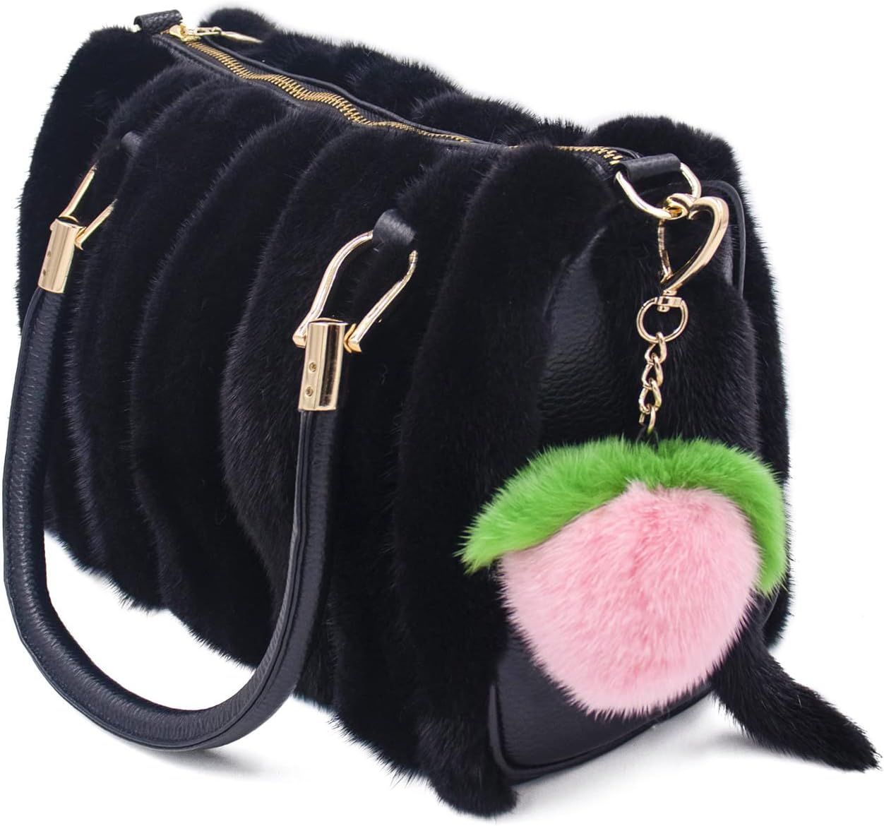 surell Real Mink Fur Peach Fruit Keychain - Luxury Bag Charm - Adorable Gold Heart Ring - Kawaii Pink Fluffy Fur Ball - Fashion Gift - Image 2
