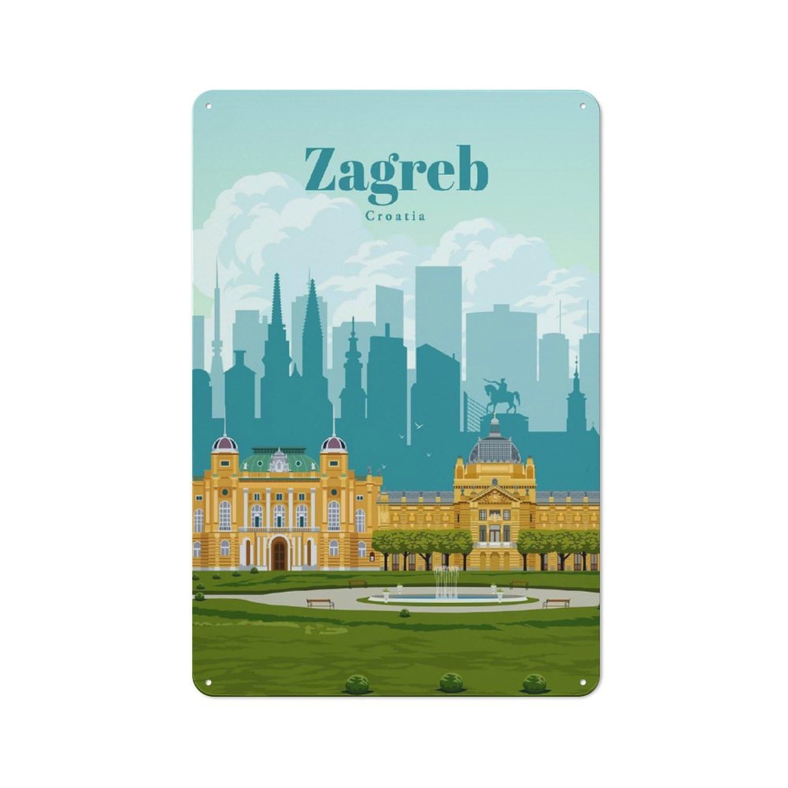 Junmoney Travel To Zagreb Tin Wall Plaque 30X20cm With For Bar Or Restaurant, Housewarming Present For People Styling Bar And Restaurant