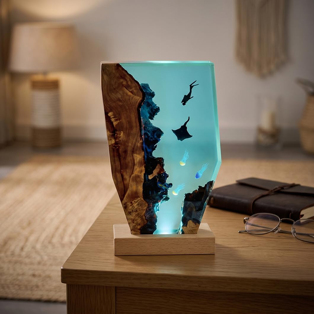 Tiefseetaucher Resin & Massivholz Lampe – USB-dimmbare Nachtleuchte mit Mantarochen & Quallen 3D-Dekoration, handgefertigtes Epoxidharz-Kunstobjekt für Schlafzimmer, Wohnzimmer, Büro (22*13*3.5cm)