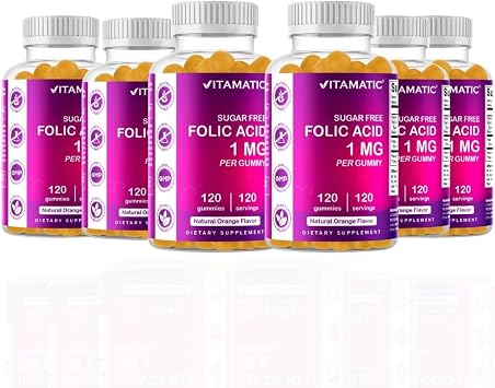 Vitamatic Folic Acid Gummies 1000 mcg 1 mg - an Essential Prenatal Vitamins for Mom & Baby - Vitamin B9-120 Vegan Gummies 6
