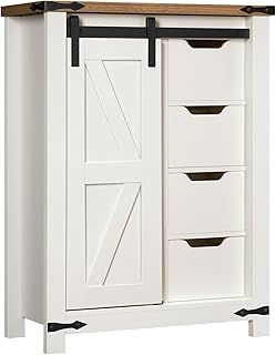 HOOBRO Bathroom Storage Cabinet, Farmhouse Cabinet with Sliding Barn Door, Adjustable Shelf and 4