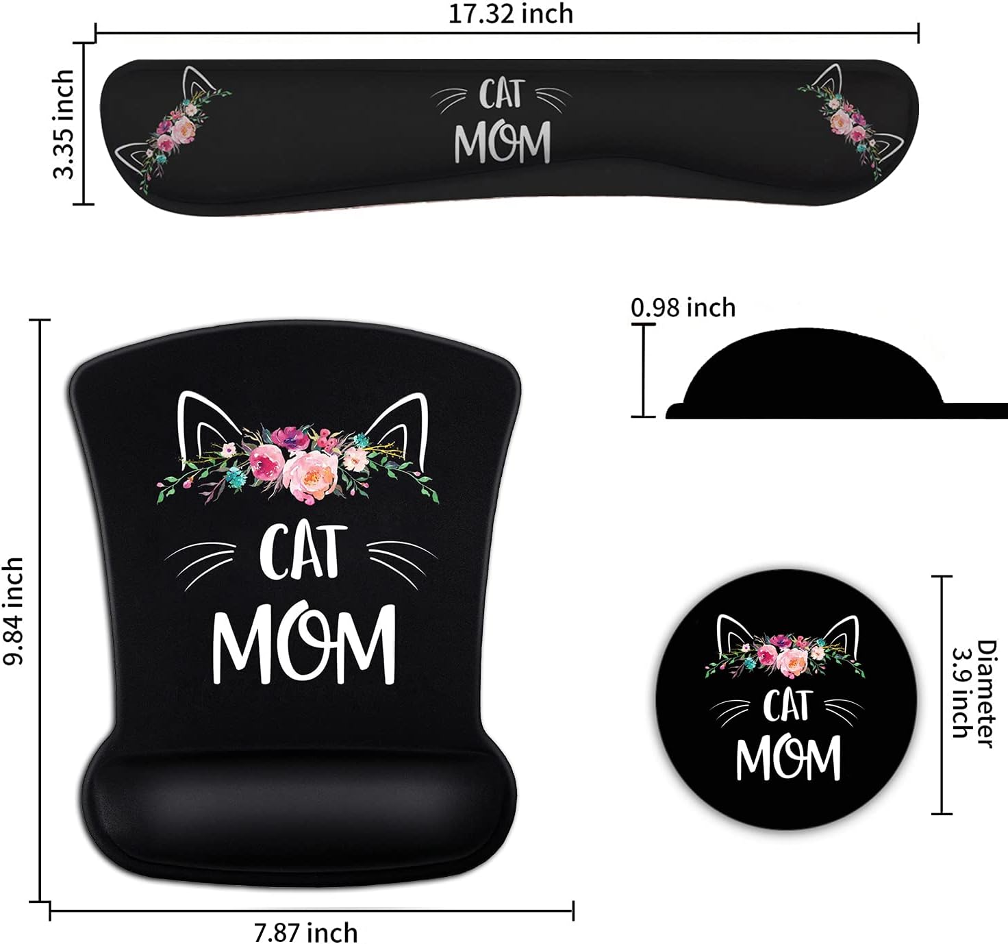 Ergonomic Mouse Pad Wrist Support Gel and Keyboard Wrist Rest Set Cat Mom Floral Design for Laptop, Mac, Gaming and Office, Durable, Comfortable and Pain Relief + Coaster