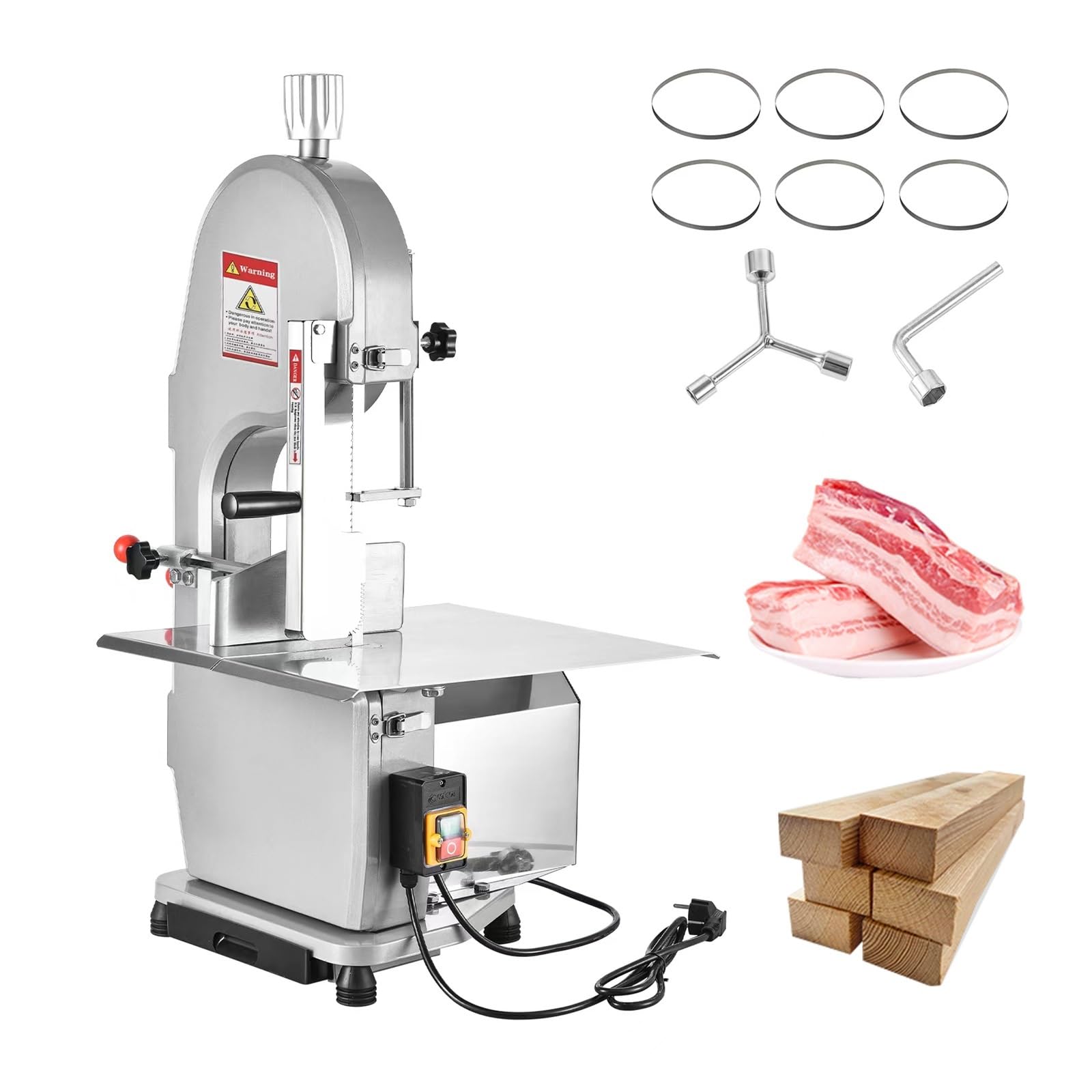 Commercial Electric Meat Bandsaw, 1500W Stainless Steel Countertop Bone Sawing Machine, 9.8in Max Cutting Height, 6 Saw Blades,Waterproof Motor,Bandsaw