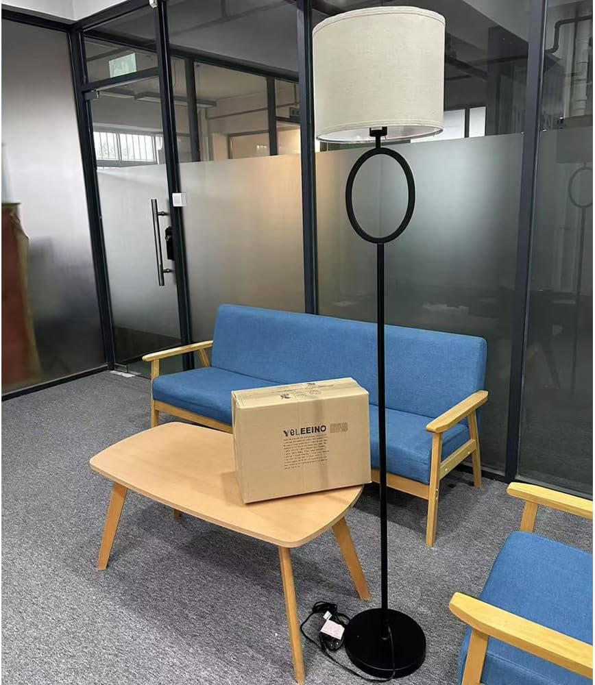 YeLEEiNO Floor Lamps, Moredern Lamp with Linen Shade, Simple Standing Lamp with Special Ring Decor Pole, Pedal On/Off Switch, E26 Black Tall Pole Lamp