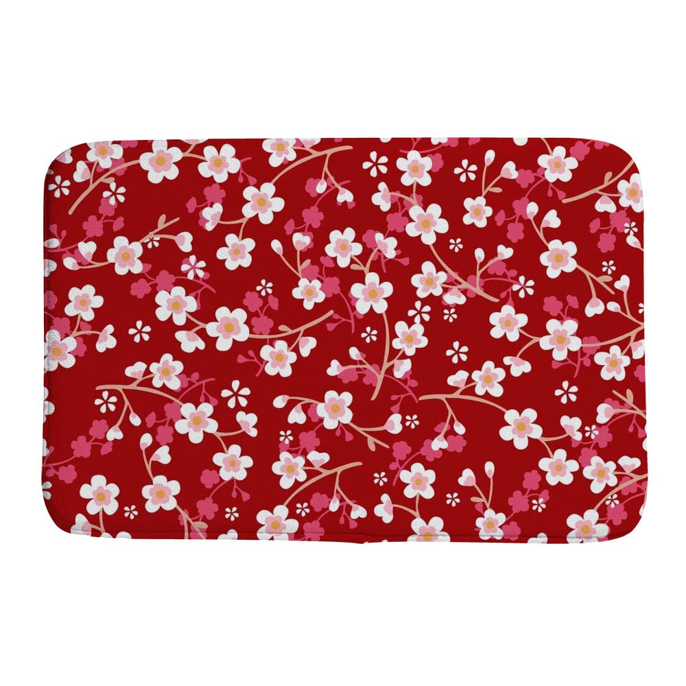 Tapis de bain vintage fleurs de cerisier rouge 91x61 cm
