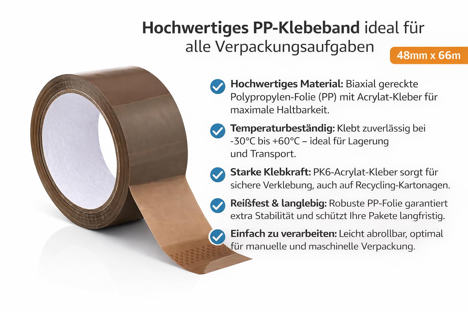 Bayli 72 Rollen PP Packband Braun 48mm x 66m – reißfestes Verpackungsband für Lager & Versand – Großpack für Vielverbraucher