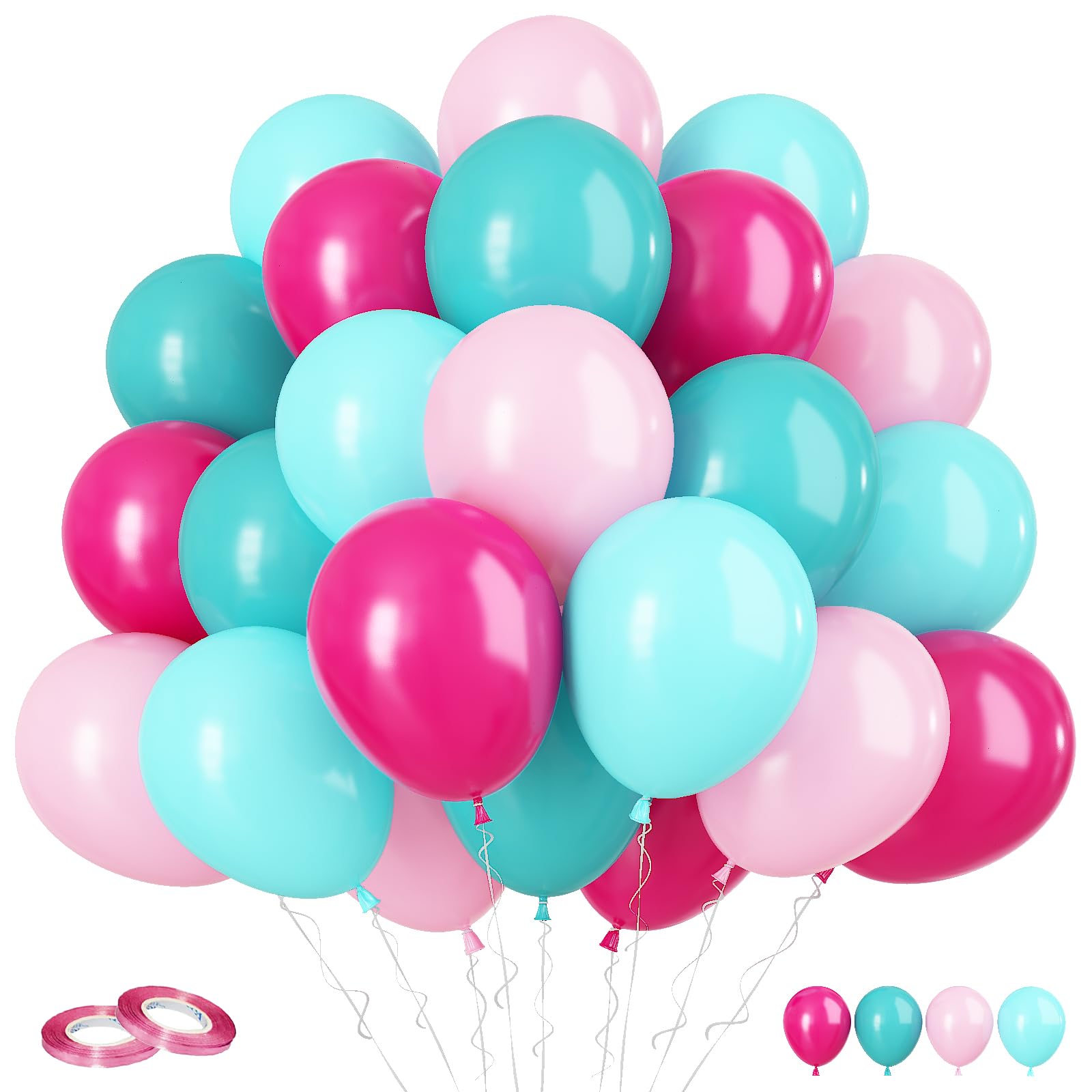 Pink Blue Balloons, 60Pcs Hot Pink Teal Blue Balloons, 12 Inch Hot Pink Confetti Helium Balloon Rose Red Turquoise Latex Balloon for Birthday Wedding