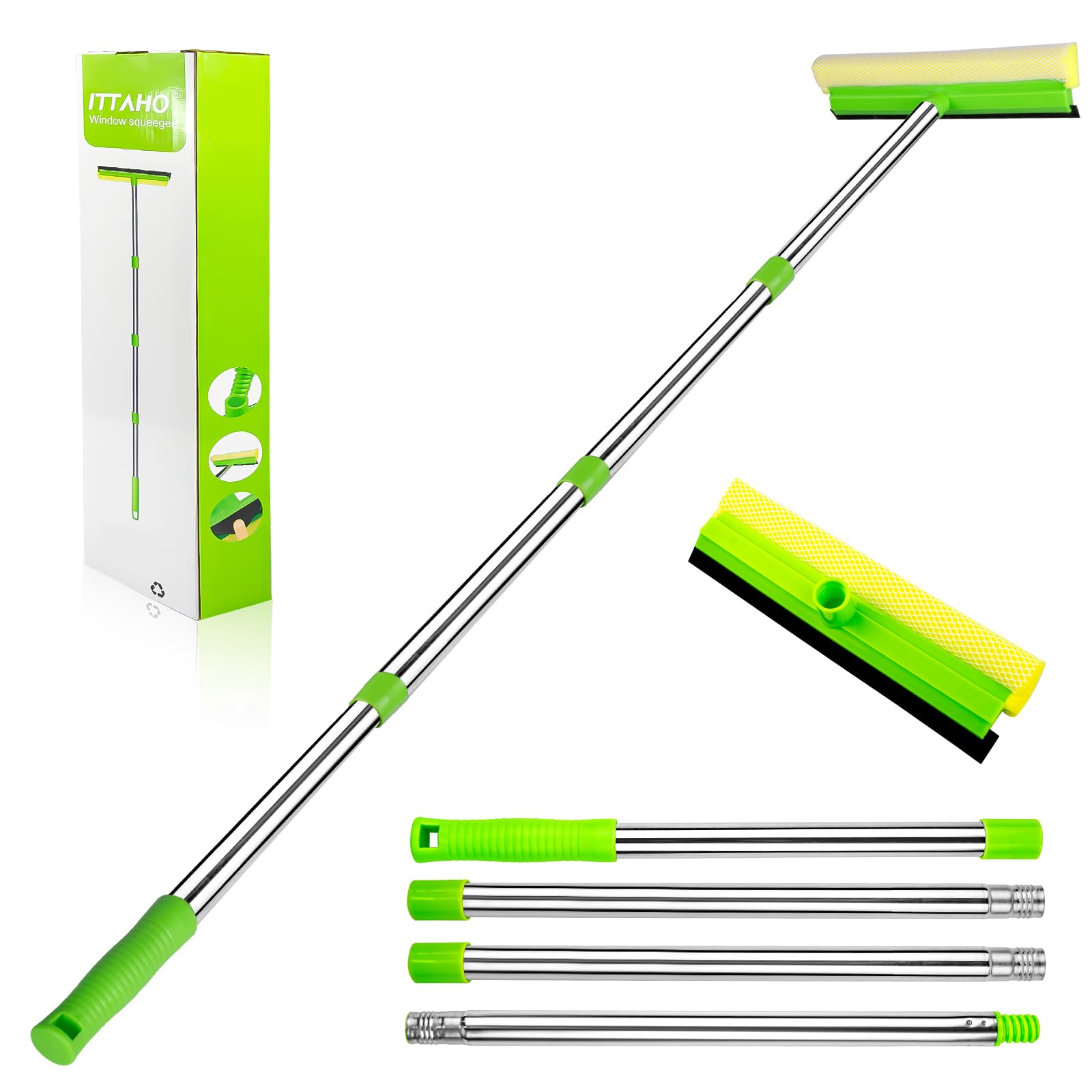 ITTAHO Window Squeegee, Squeegee for Window Cleaning, 2 in 1 Squeegee Window Cleaner with 58'' Long Handle,Window Washing Kit with Extension Pole for Shower, Windshield, Mirror, Gas Station, Glass