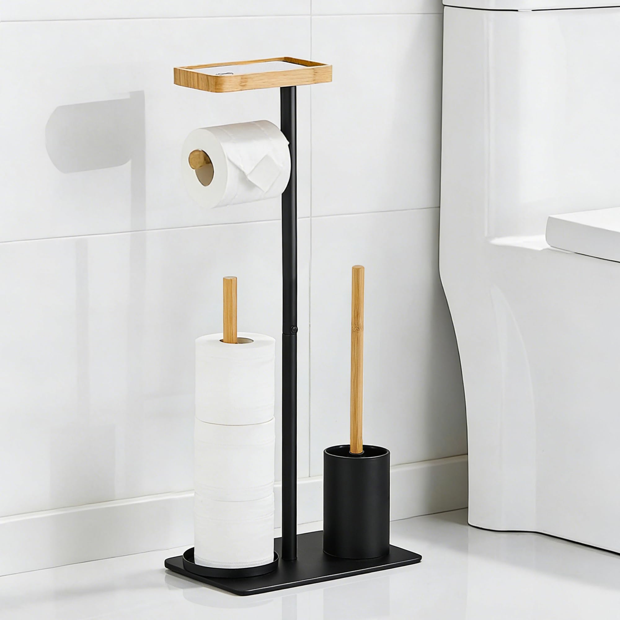Porte Papier Toilette sur Pied avec Brosse WC Support Papier WC Rangement sans Percage pour 4 Rouleaux, Bois Noir, Carré