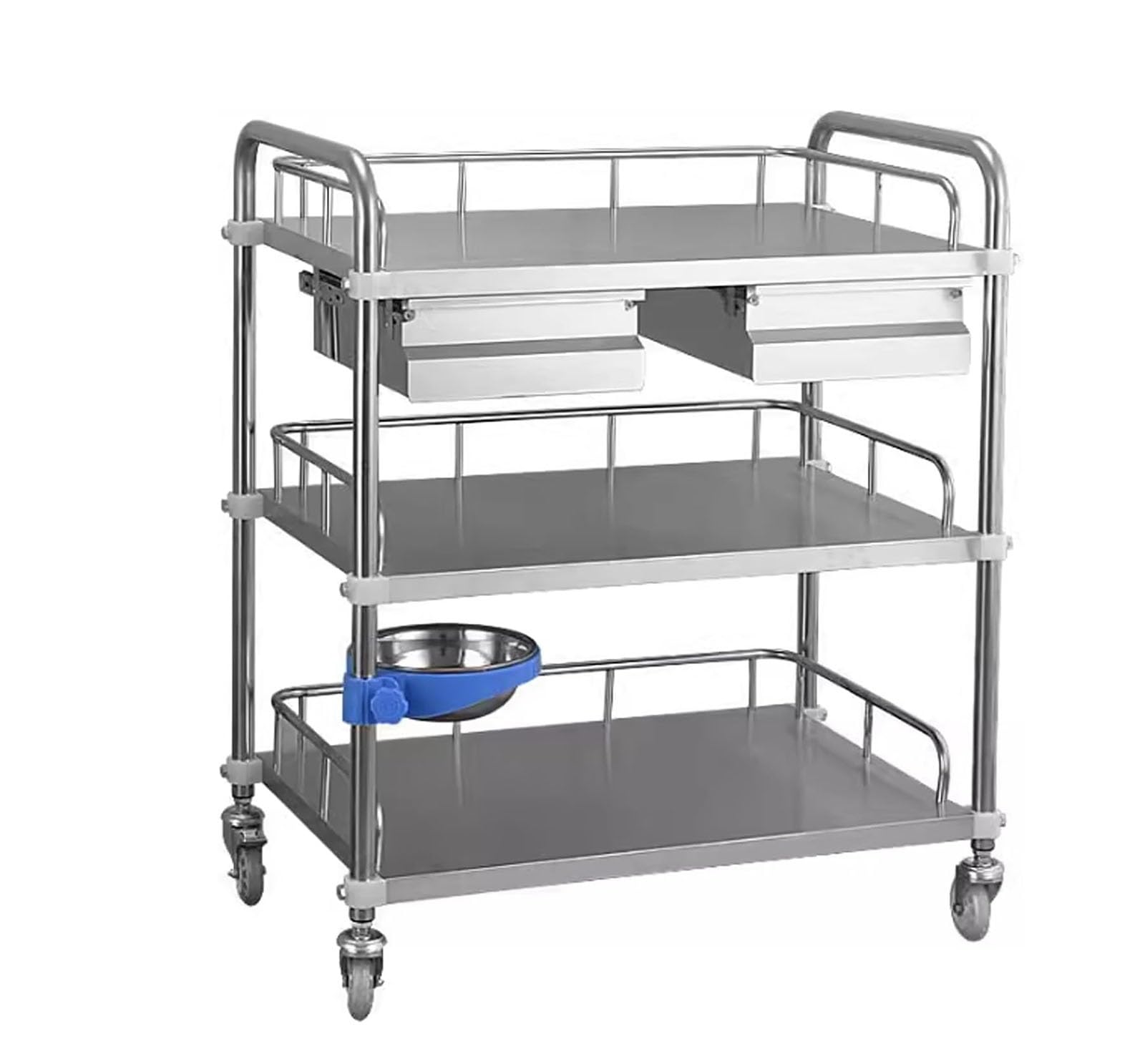 Carrello di Servizio Con Ruote in Acciaio Inox, carrello multiuso medico a due ripiani, carrello da laboratorio, carrello da clinica con cassetto e sponda di protezione(60 * 40 * 86cm)