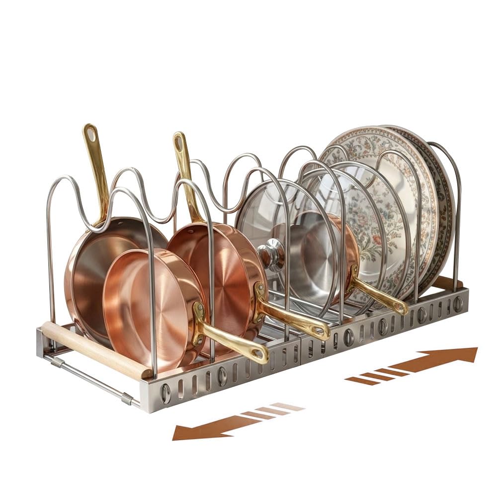 Erweiterbarer Topf- und Pfannen-Organizer aus Edelstahl für Küche, erweiterbares Kochgeschirrregal für Schneidebretter, Deckel, Teller, Schüsseln, 304 SS, 10 verstellbare Trennwände, erweiterte Größe