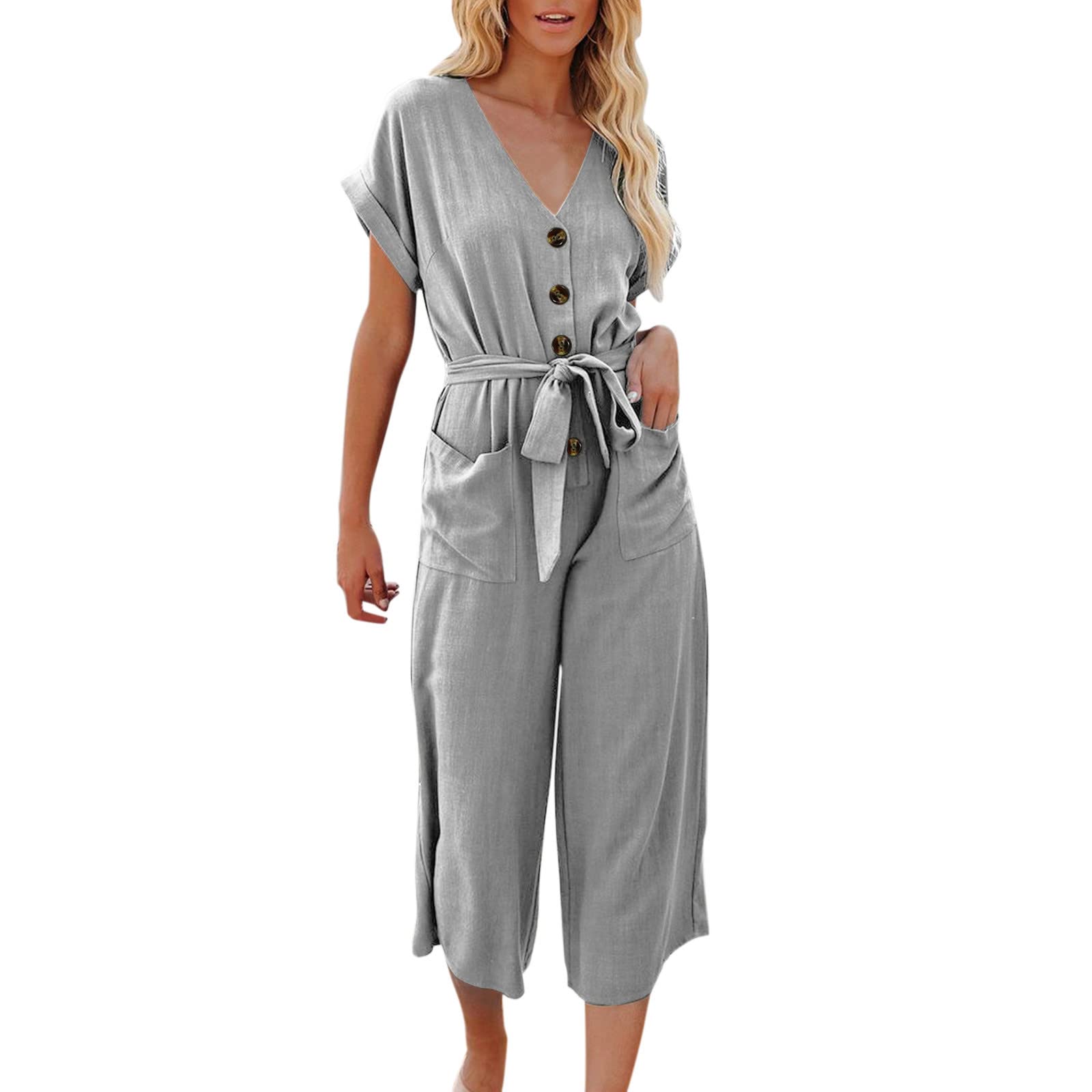 Tuta da donna a gamba larga, scollo a V, maniche corte, con