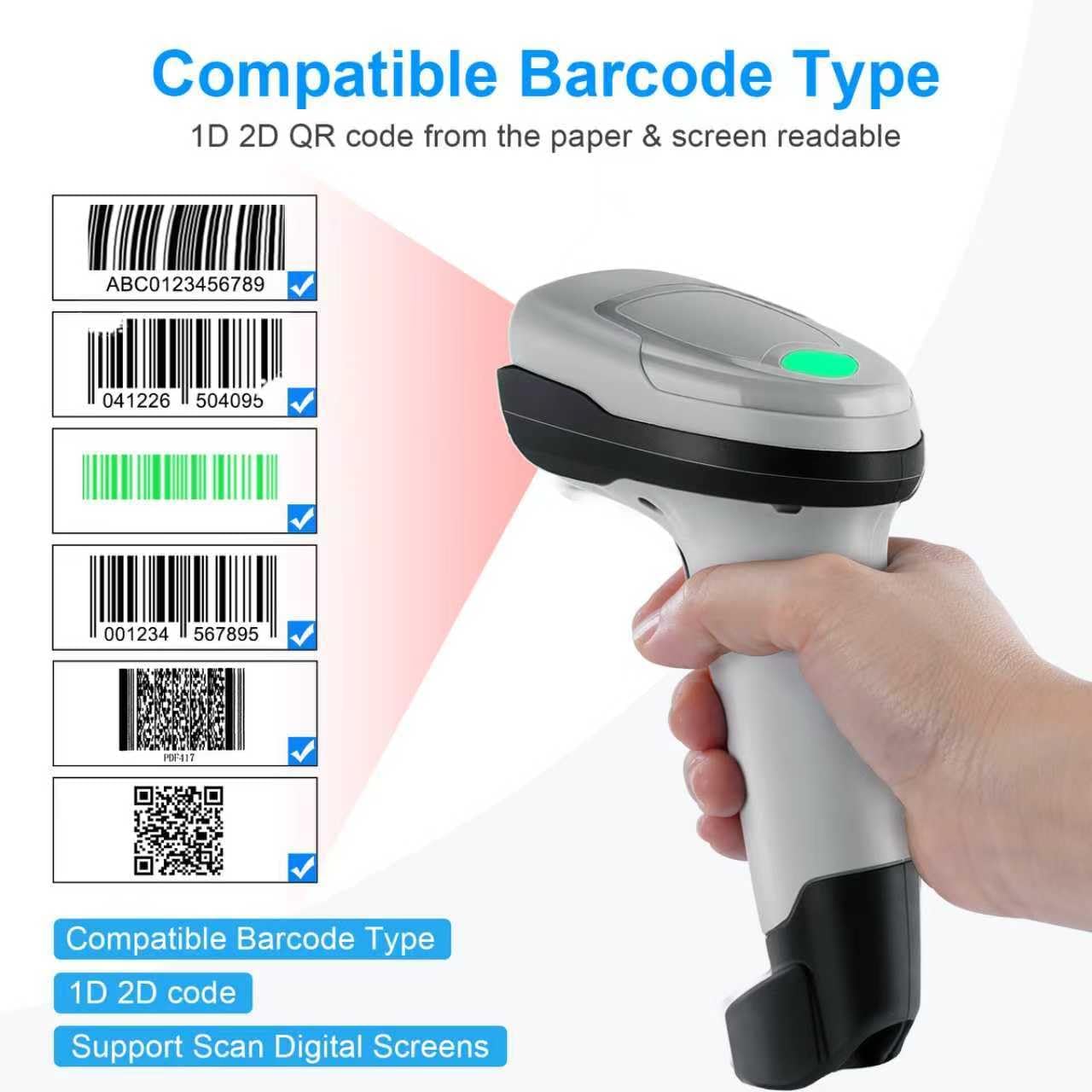 Barcode Scanner Wireless 1D 2D Bluetooth Barcode Reader with Stand 3 in 1 Bluetooth & 2.4G Wireless & USB Wired Connection PDF417 QR Data Matrix Handheld Bar Code Scanners