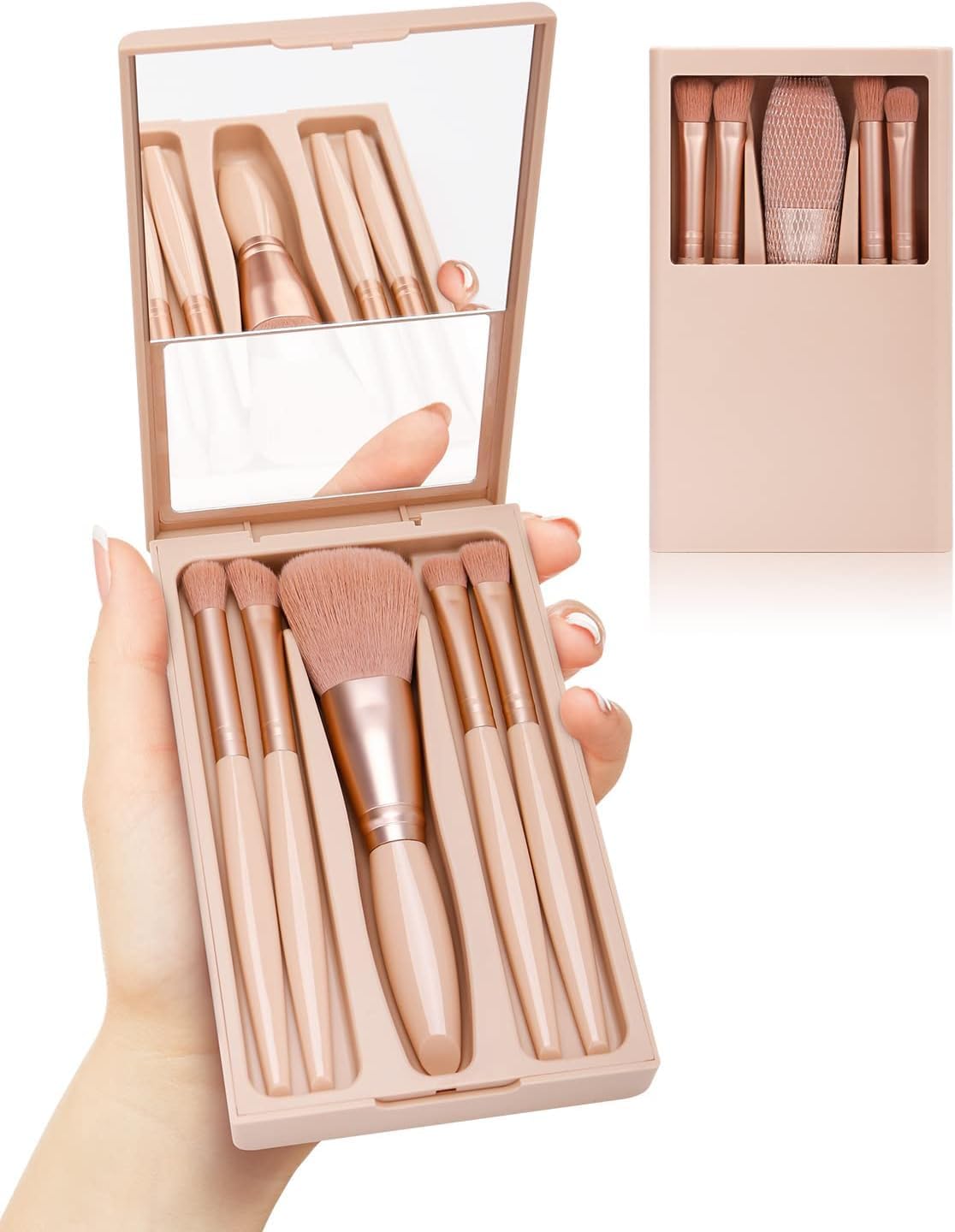 Makeup Brushes Set, 5 Piece Professional Travel Small Makeup Brushes with Brush Case Built-in Mirror, Portable Cosmetics Brushes - Multicolor-image-42