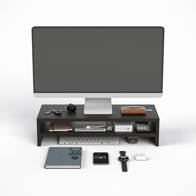 Sunon Computer Monitor Stand Riser Wood Storage Organizer Desktop Small TV Stand Laptop Printer PC Monitor Stand 54X23.5X14.5cm (Black) C72327409