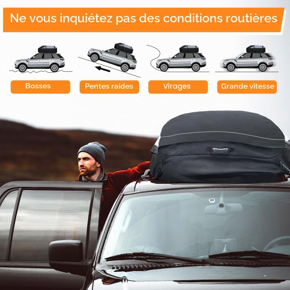 Coffre de toit pour voiture 595 L Pliable Étanche Sac de toit Boîte de rangement avec 6 boucles de renforcement pour véhicules avec/sans porte-bagages Transport de bagages, fourgonnettes, SUV