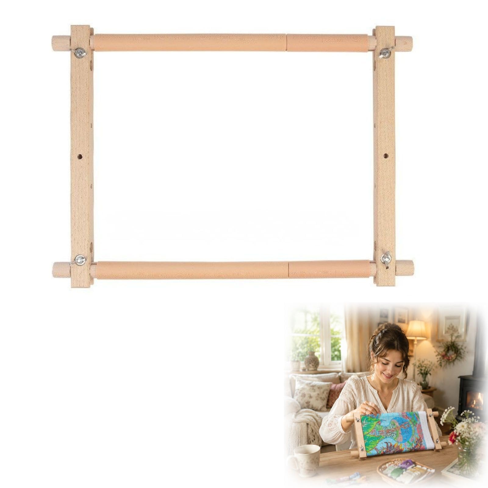 VMDVBNA Beech Wood Embroidery Frame Scroll Tapestry Needlepoint Cross Stitch Removable Stretcher Rectangle Hoop Stand